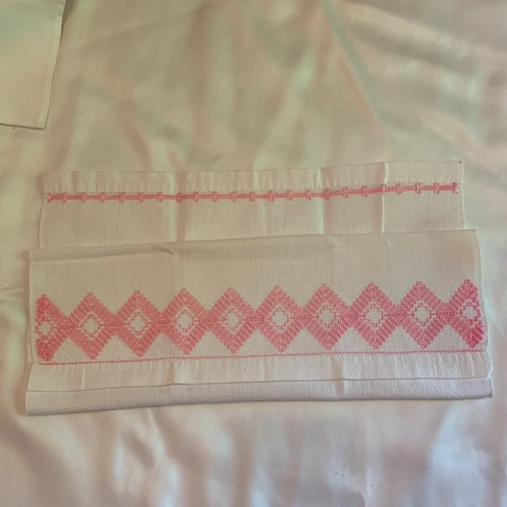 Set of 2 NEW Embroidered Tea Towels, Pink and White